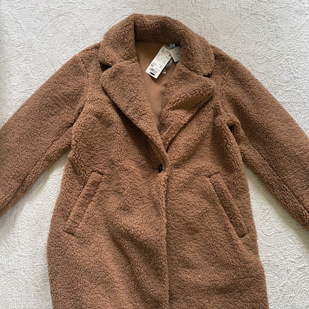 NWT Uniqlo Women's jacket Coat Brown Dark Beige Faux Shearling Jacket - size XS - Picture 4 of 13